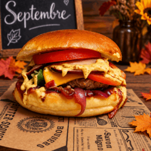 Juicy, stacked cheeseburger with tomato and onions on a glossy bun, fall leaves and a chalkboard reading September in the background.