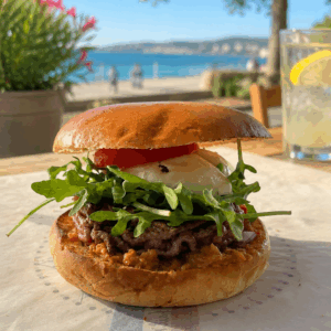 Juicy beef burger with arugula, tomato and melted cheese on a toasted brioche bun, outdoors by the seaside.